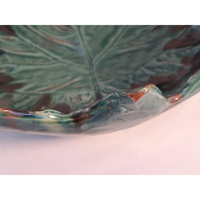 Vintage Majolica Cabbage Ware Leaf Bowl XL Deep Pottery Glazed For Sale In Fayetteville, AR - Image 6 of 10