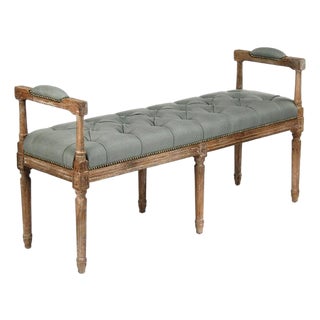 Nicolas Tufted Bench with Armrests - Seafoam Linen / Limed Grey Oak Frame For Sale