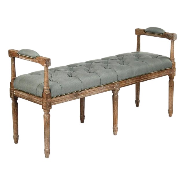 Nicolas Tufted Bench with Armrests - Seafoam Linen / Limed Grey Oak Frame For Sale