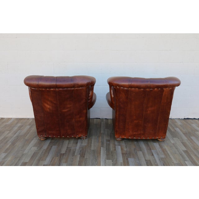 Pair of Restoration Hardware Churchill Tufted Brown Leather Lounge Chairs With Nailhead Trim For Sale - Image 13 of 18