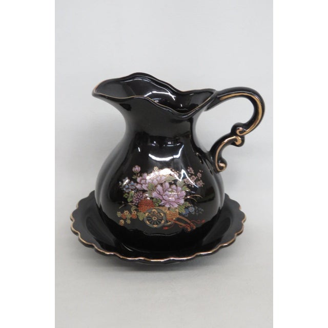 Ceramic Pitcher With Matching Underplate 2pc Set Black With Gold Gilt Trim 5029b For Sale - Image 10 of 12