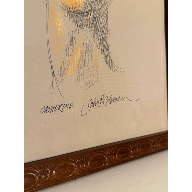 Vintage Mid-Century Modern Female Portrait Original Pen and Ink Pastel Drawing by John P. Coleman For Sale - Image 11 of 12