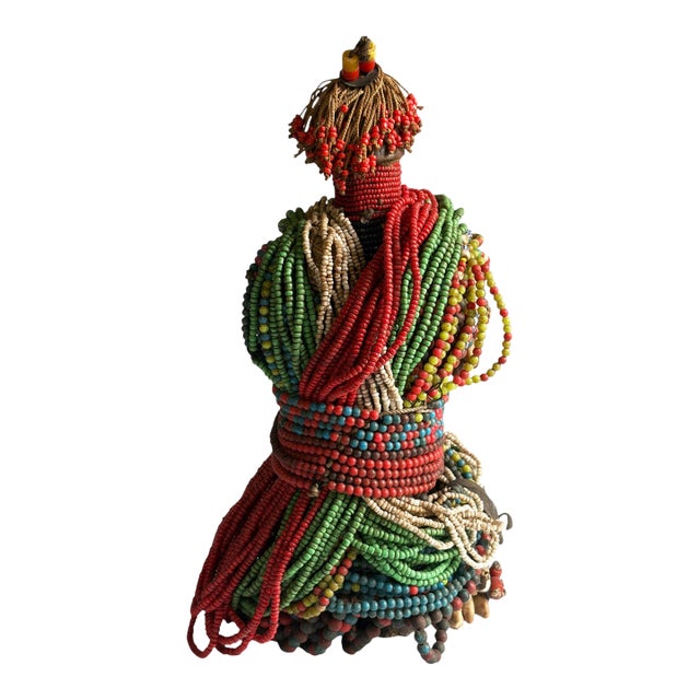 Superb vintage African Namji fertility doll decorated with multiple layers of trade glass beads and cowrie shells, minor...