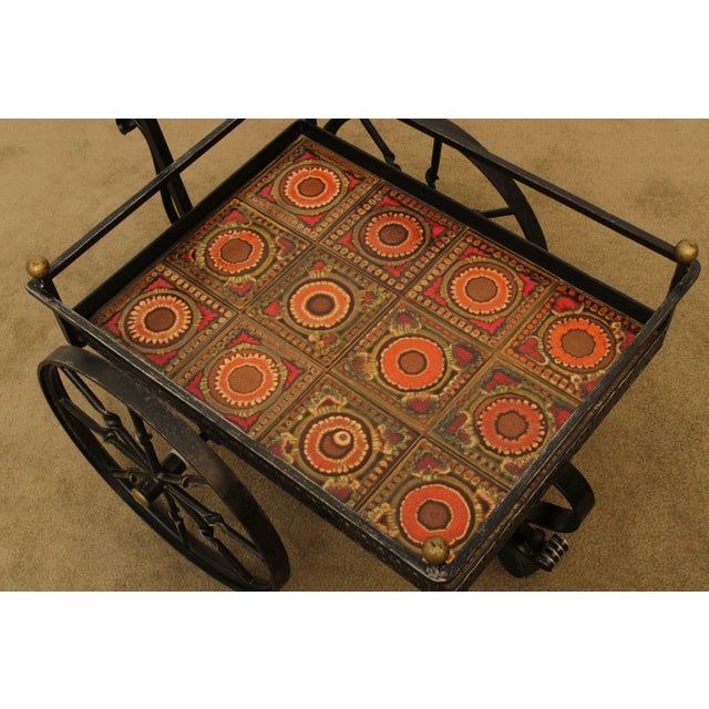Black Custom Forged Iron Cart with Art Tiles For Sale - Image 8 of 13