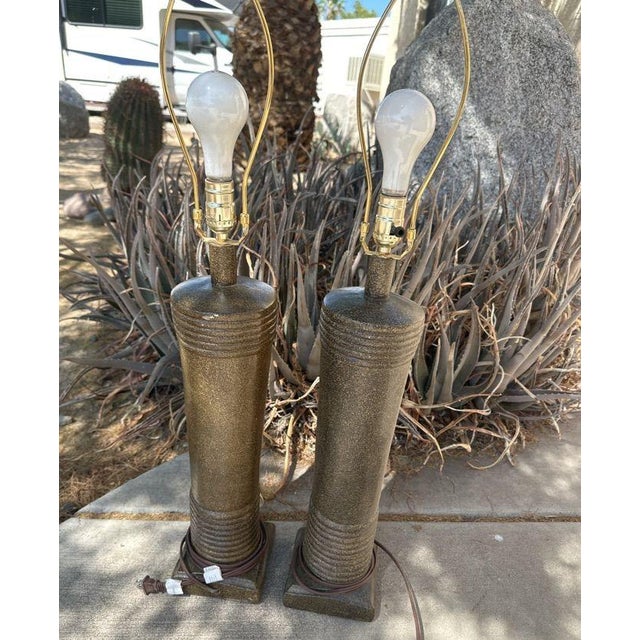 Brown Vintage/Retro Brass Bronze-Tone Ceramic Stoneware Cylindrical Table Lamps - a Pair For Sale - Image 8 of 8