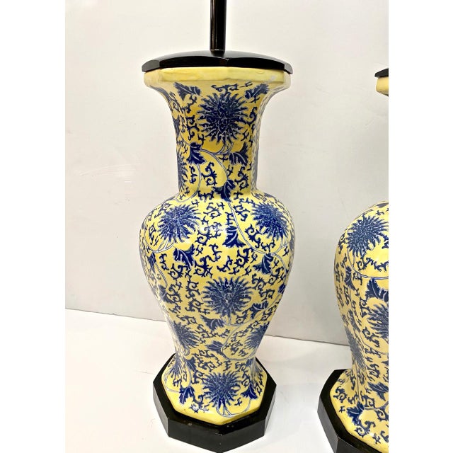 Chinoiserie Blue and Yellow Table Lamps - A Pair For Sale - Image 4 of 7