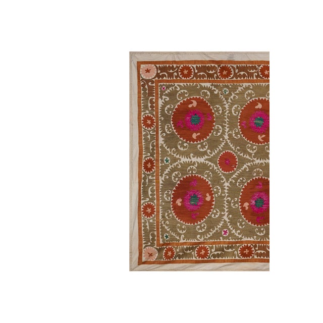 Decorative Suzani Embroidery | Olive Green Living Room Wall Hanging 6'11'' X 10'3'' For Sale - Image 4 of 15