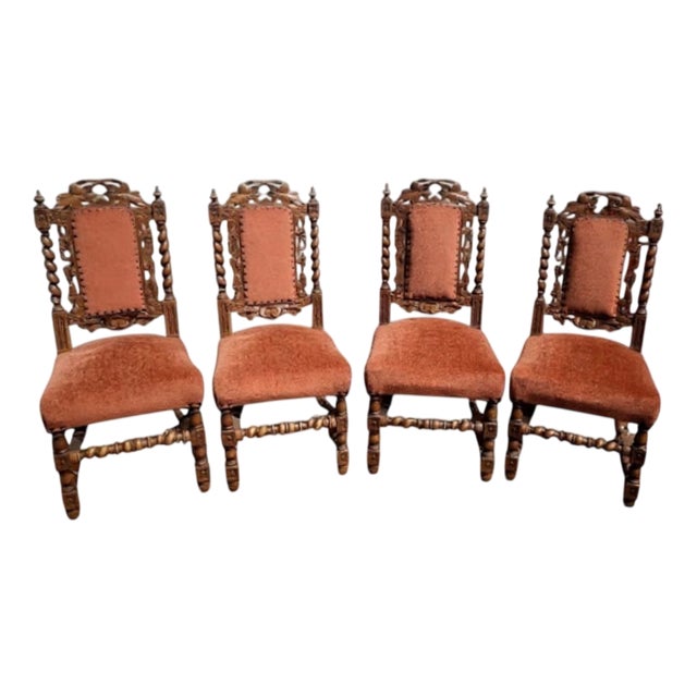 Antique Renaissance Revival Oak Dining Chairs, 1850s, Set of 4 For Sale