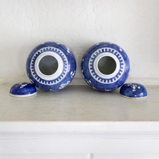 Pair of Blue and White Chinese Chinoiserie Prunus Blossom Lidded Ginger Jars For Sale - Image 11 of 14