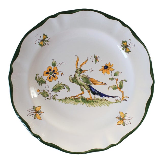 Vintage Hand Painted French Varages Floral Bird and Butterfly Plate For Sale