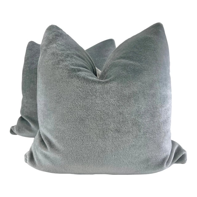 Teddy Mohair in Silver 22" PIllows-A Pair For Sale