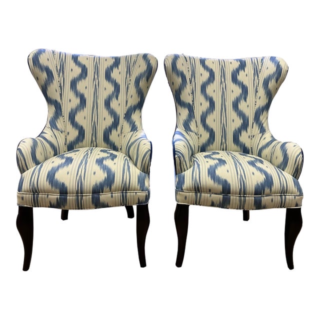 Custom Pair of Wingback Chairs Upholstered in Toile De Nantes & Colefax & Fowler Velvet in Blue & White For Sale