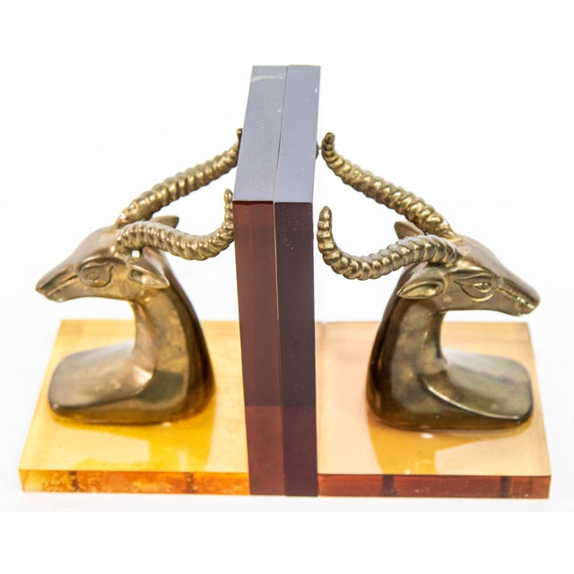 Brass Brass Gazelle on Lucite Mount Antelope Bookends a Pair 1950s For Sale - Image 8 of 12