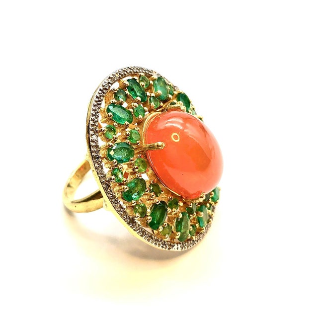 Bochic "Orient" Vintage Orange Opal, Emerald & Diamond Ring Set In 18K & Silver For Sale - Image 4 of 18