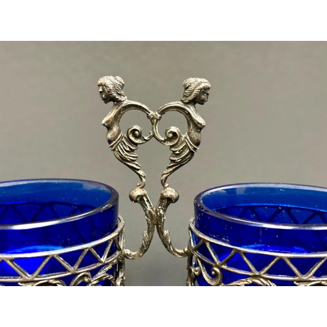 Art Nouveau Antique French Silver & Cobalt Blue Glass Salt Cellars With Serving Spoons – Art Nouveau Table Decor, Saleron Pair For Sale - Image 3 of 7