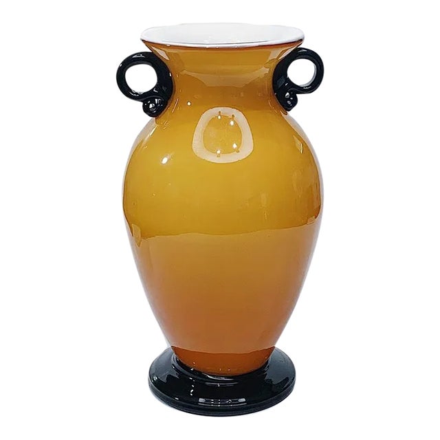 Mid-Century Mouth Blown Yellow Glass Vase With Black Applied Handles and Base For Sale
