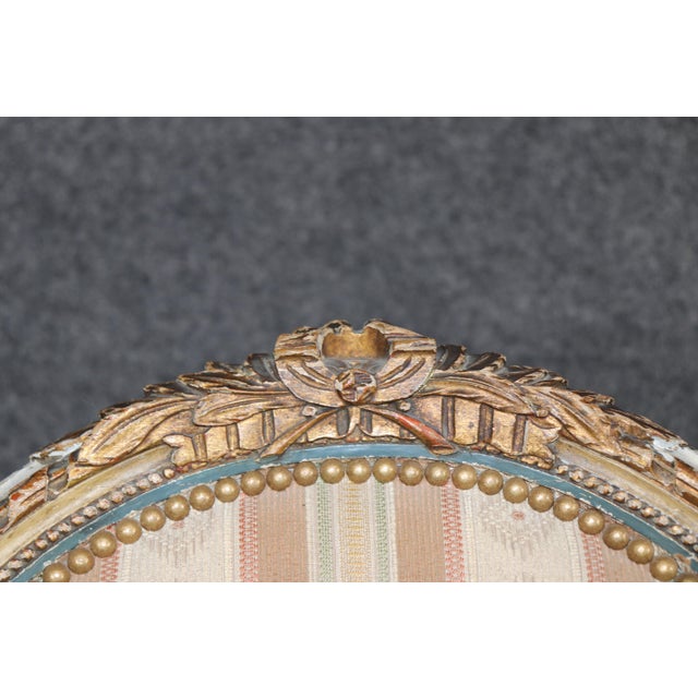 Pair of 19th C. French Louis XVI Paint Decorated & Gilt Carved Armchairs For Sale - Image 11 of 12