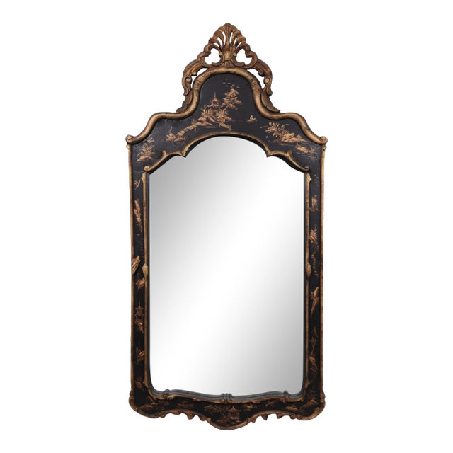 Vintage Wooden Carving Frame Mirror With Chinoiserie Design of Pagoda and Boat, Figurines, Etc. For Sale