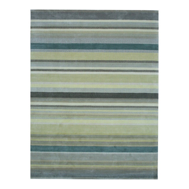 4x6 Zinnia Striped Green Geometric Contemporary Handmade Wool Carpet Rug For Sale