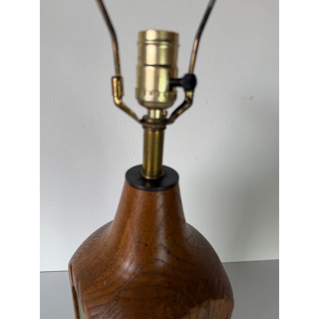 Vintage Carved Oak Wood Table Lamp With Green Inset Panels For Sale - Image 9 of 12