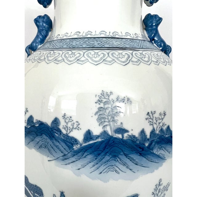 White Large Fine Chinese Blue & White Republic Porcelain Landscape Table Lamp With Foo Lions on Ming Style Wood Stand 33" For Sale - Image 8 of 12