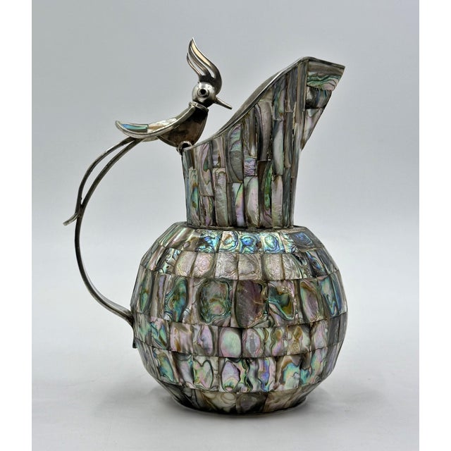 1960s Mexican Alpaca Silver & Abalone Bird of Paradise Pitcher Set - 7 pcs For Sale - Image 10 of 18