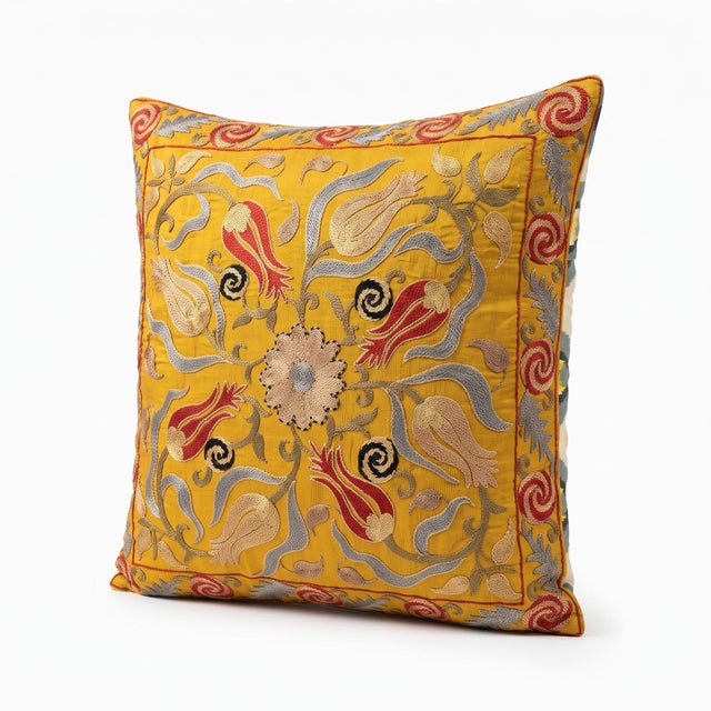 Folk Art Contemporary Outpost Original Gold Tulip Suzani Pillow For Sale - Image 3 of 6