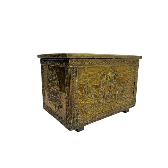 Ornate Embossed Brass Log Box with Ships Scène, 1920s For Sale - Image 9 of 13