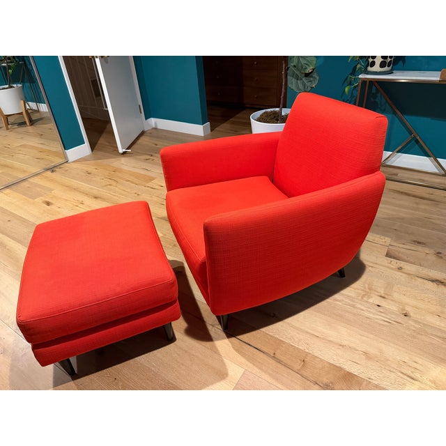 Mid-Century Modern Cb2 Atomic Orange Parlour Chair & Ottoman For Sale - Image 3 of 4