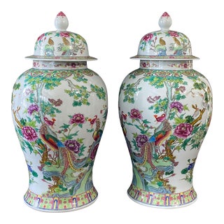 Lg Chinoiserie Famille Rose Porcelain Ginger Jars Pair 24" H For Sale