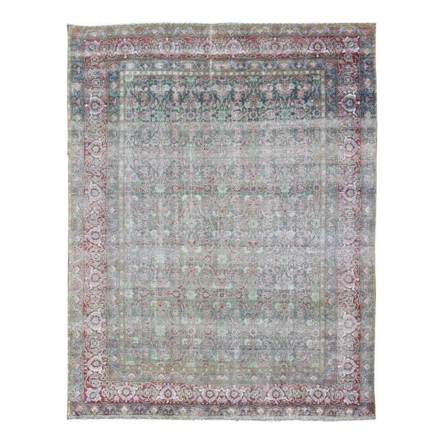 Antique Persian Lavar Kerman Rug With Refined Allover Pattern in Soft Green Field For Sale