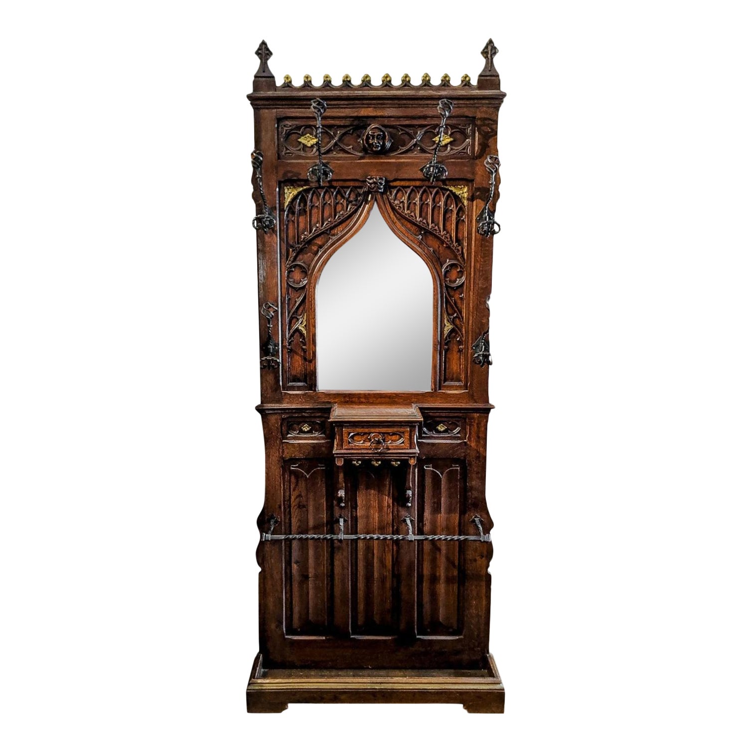 1880 Gothic Revival Coat Rack Hall Tree Umbrella Stand Hand Carved Mirror Chairish