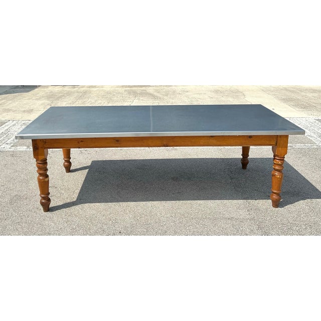Vintage Plank Farm Table With Custom Stainless Steel Top For Sale - Image 9 of 12