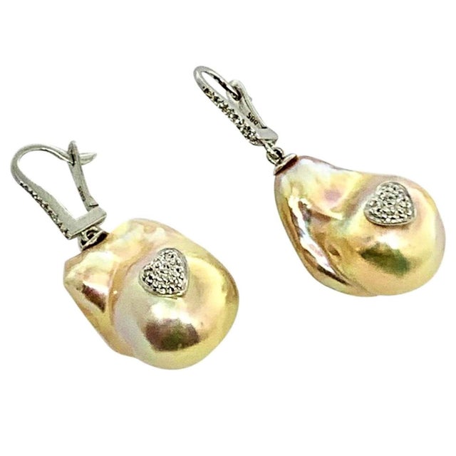Baroque Diamond Baroque Fresh Water Yellow Pearl Earrings 14k Gold Certified For Sale - Image 3 of 9