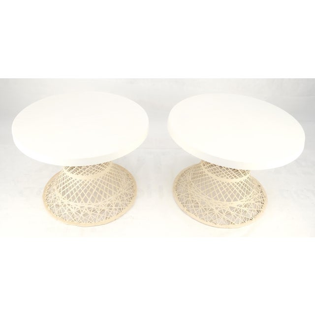 Pair Spun Fiberglass 24" Round Stone Textured Tops End Side Tables Woodard MINT For Sale - Image 9 of 14