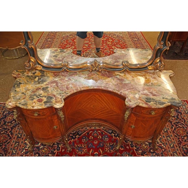 1920's French Style Marble Top Inlaid Walnut Vanity With Later Companion Mirror For Sale - Image 12 of 15