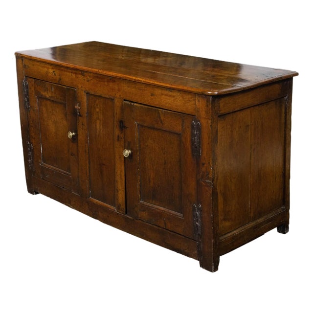 English Georgian 18th Century Elm Buffet with Two Doors, Iron and Brass Hardware For Sale