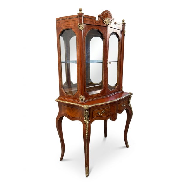 French Mid 19th Century French Louis XV Style Ormolu-Mounted Walnut/Rosewood Vitrine Cabinet For Sale - Image 3 of 17