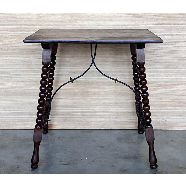 19th Spanish Side Table with Cared Turned Legs and Iron Stretcher For Sale - Image 10 of 18