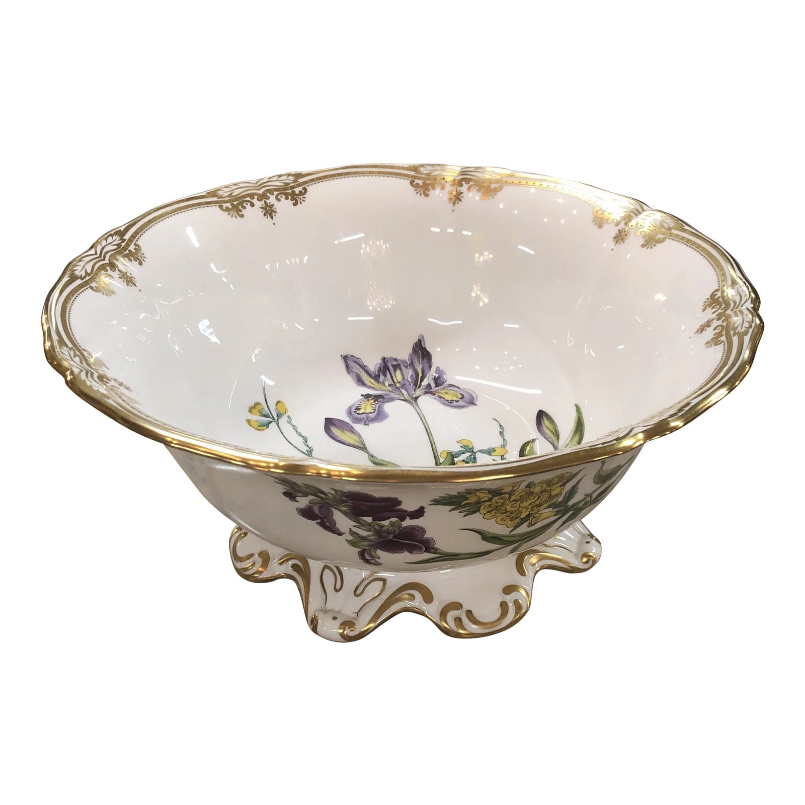 Spode Scalloped Rim Botanical Bowl with Gold Details | Chairish