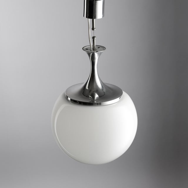 Metal Vintage Pendant Lamp in Chrome and Hand-Blown Opal Glass, Italy, 1960s For Sale - Image 7 of 9