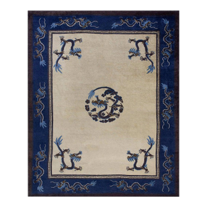 Traditional Dragon Design on a Beige Background With Navy Border Antique Chinese Peking Rug