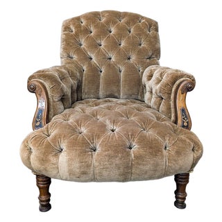 Vintage Victorian Tufted Velvet Lounge Chair With Carved Wooden Accents For Sale