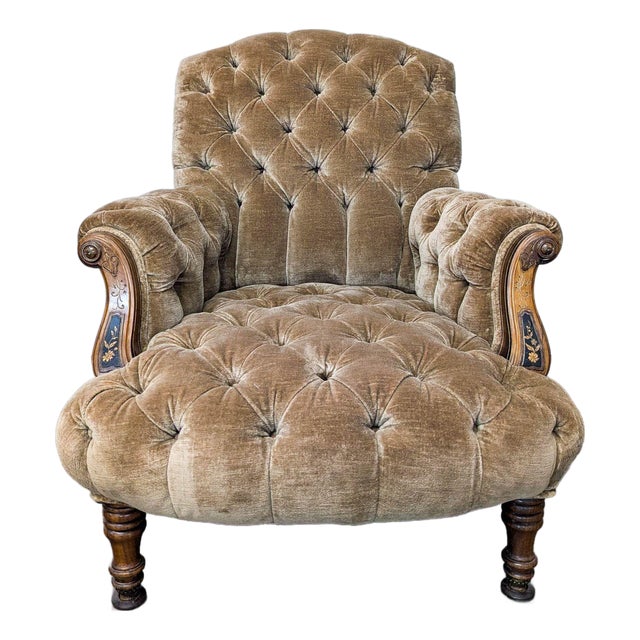Vintage Victorian Tufted Velvet Lounge Chair With Carved Wooden Accents For Sale