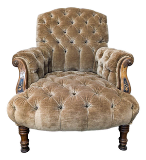 Vintage Victorian Tufted Velvet Lounge Chair With Carved Wooden Accents
