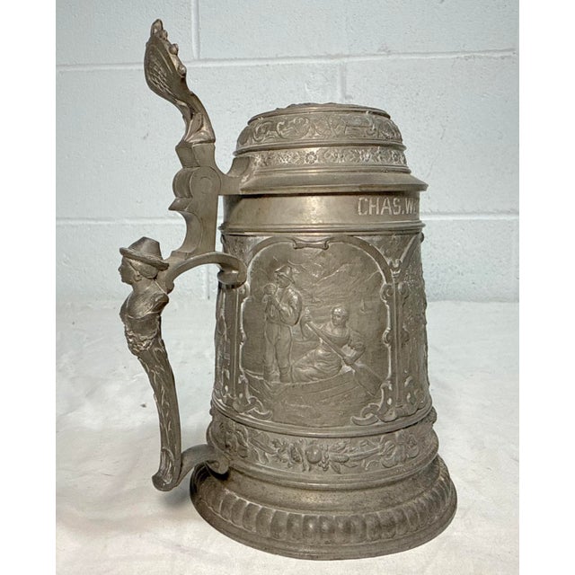 Antique Ornate 1900 Figural German Pewter Lidded Engraved Relief Beer Stein Mug For Sale - Image 9 of 15