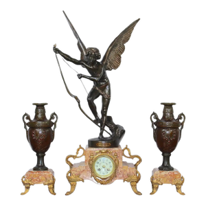Antique French 1896 “Amour Irresistible” Angel Statue Pink Marble 3-Piece Clock Set