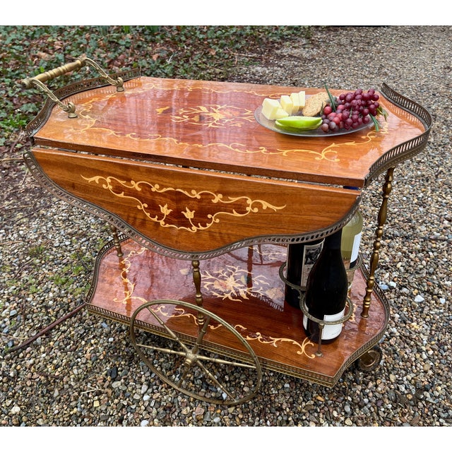 Italian Rolling Bar Cart Trolley Marquetry Wood Inlay Sides Fold Up Brass Galleries For Sale - Image 4 of 6