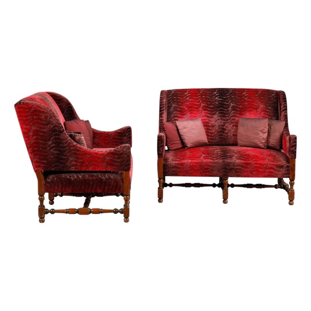 Large Louis XIII Sofas in Burgundy Red Velvet, 1900s, Set of 2 For Sale