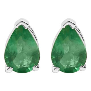 14K White Gold 6x4MM Pear Shaped Green Emerald Solitaire Stud Earrings For Sale